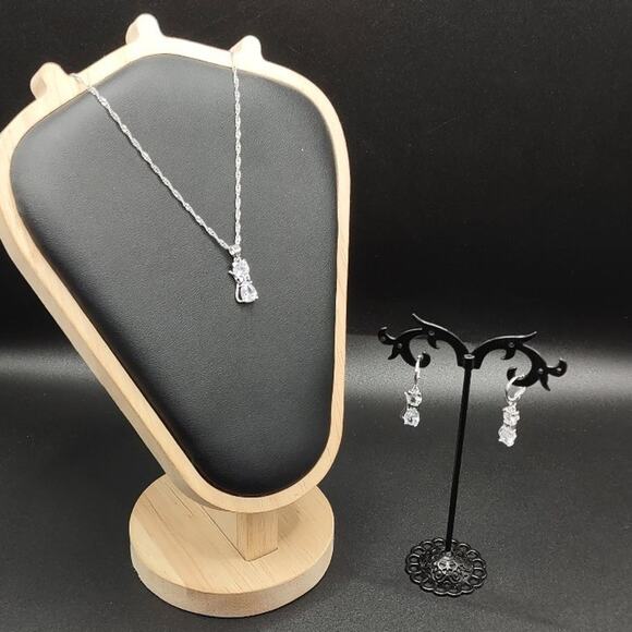 925 Silver White CZ Lab Diamond Cat Necklace Earrings Gift - Picture 1 of 7